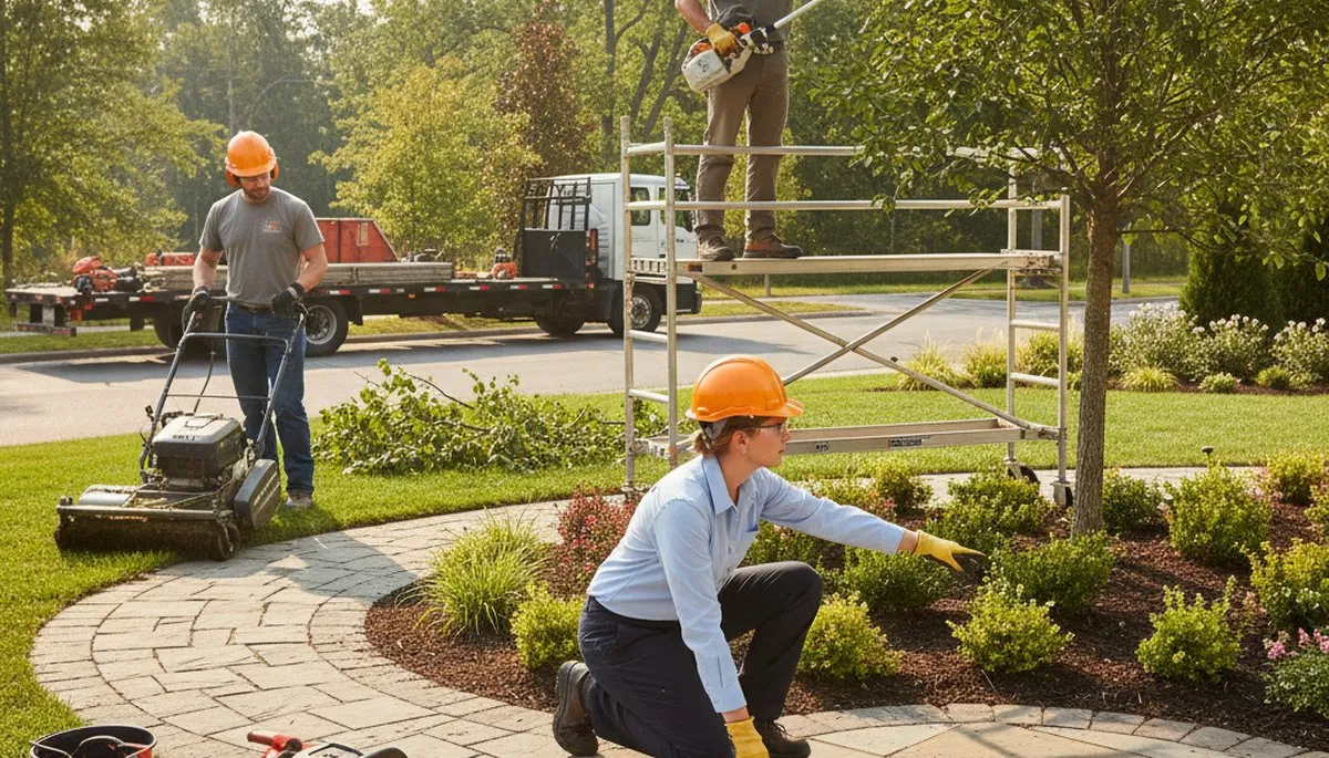 Cleveland, OH tree service crew providing landscaping and outdoor property care for a local home
